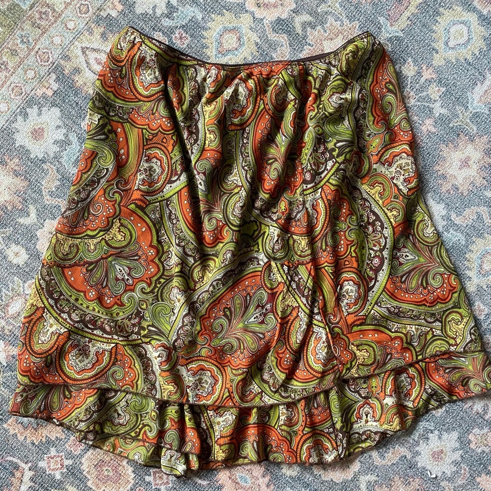 Vintage 2000s Paisley Ruffle Skirt in Orange & Green